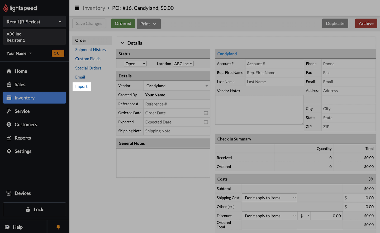 Purchase order page with Import emphasized.