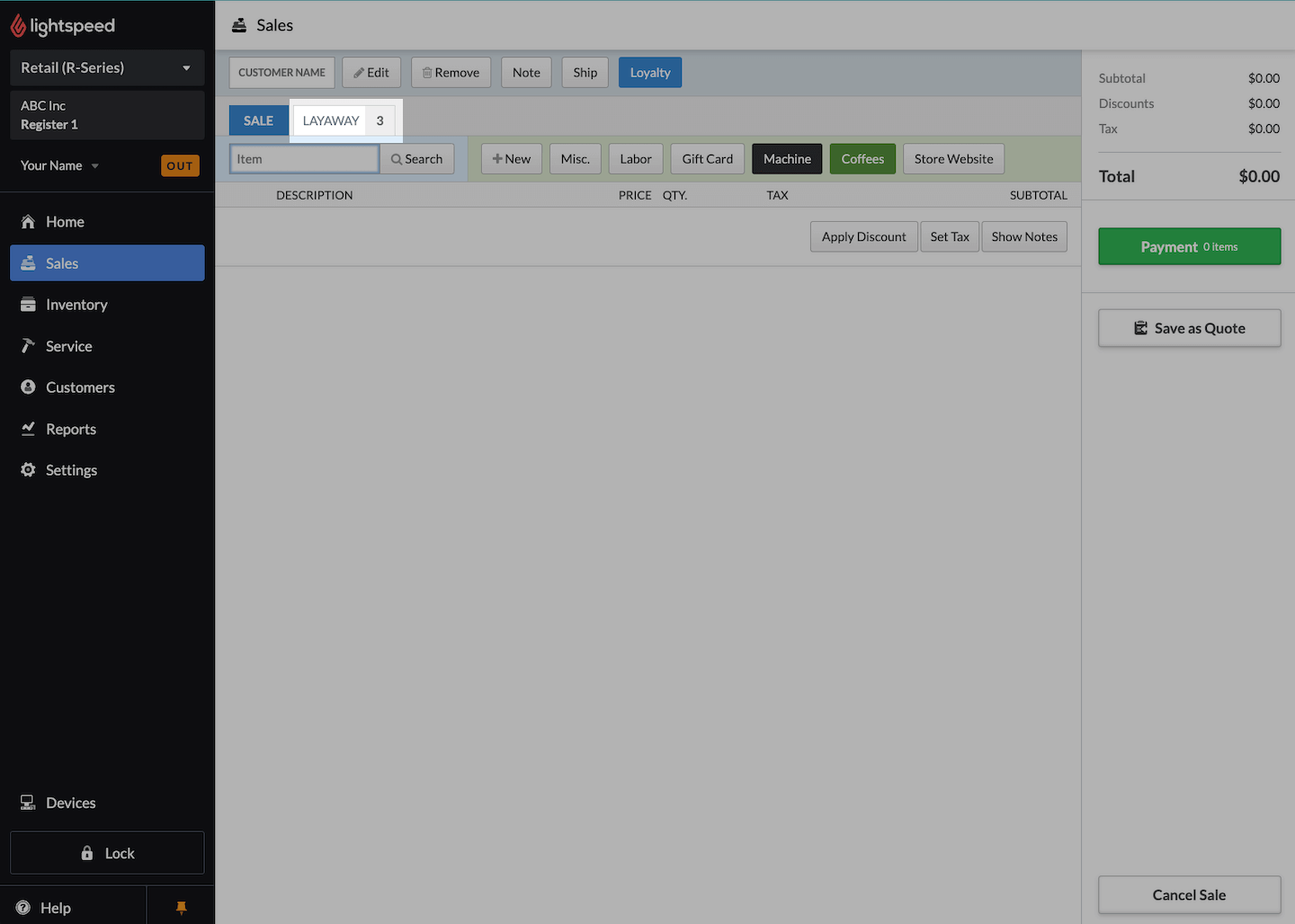 Sales screen, with Layaway tab emphasized.