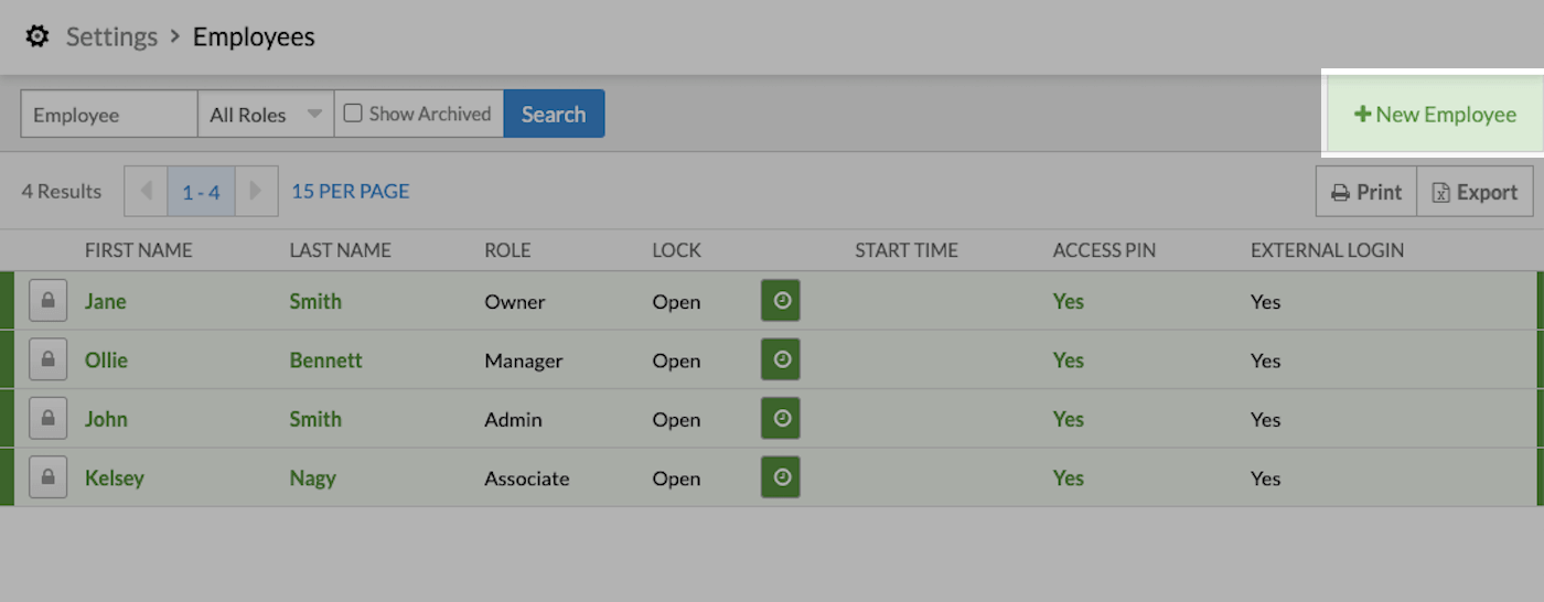 Employees list with + New Employee emphasized.