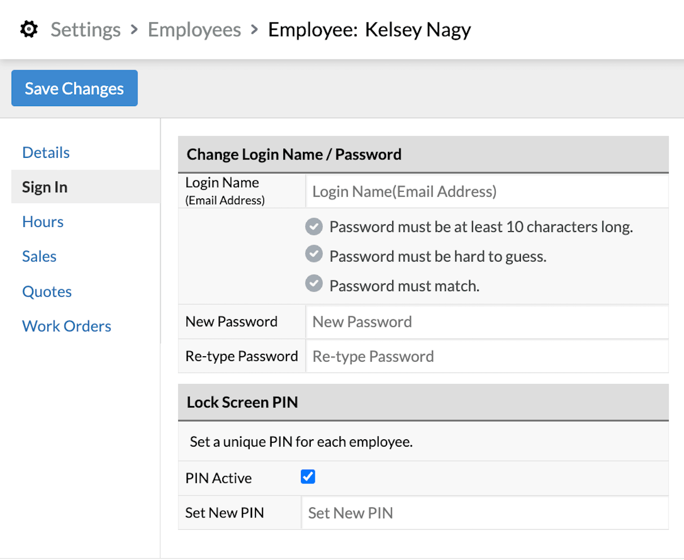 Sign In page showing options to Change Login Name/Password and change or set Lock Screen PIN.