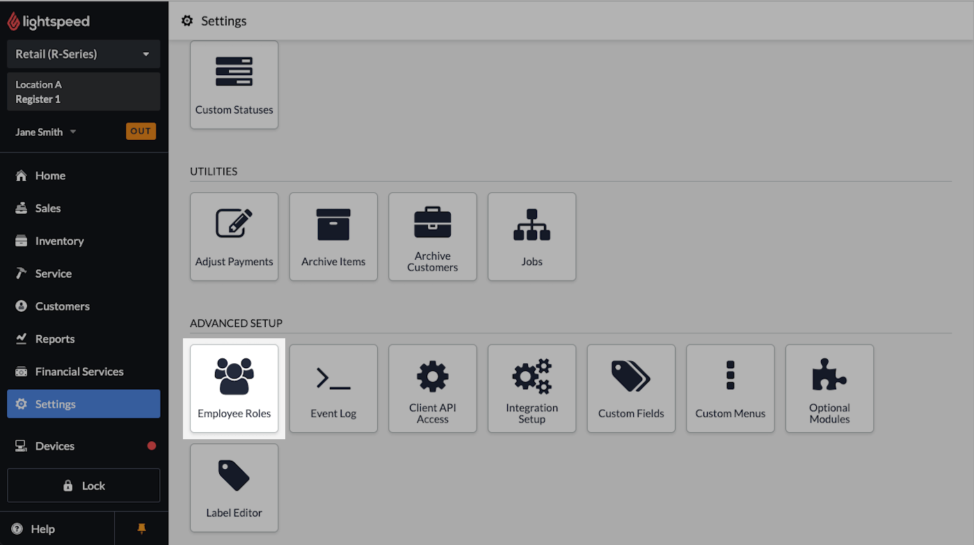 Settings page with Employee Roles emphasized.