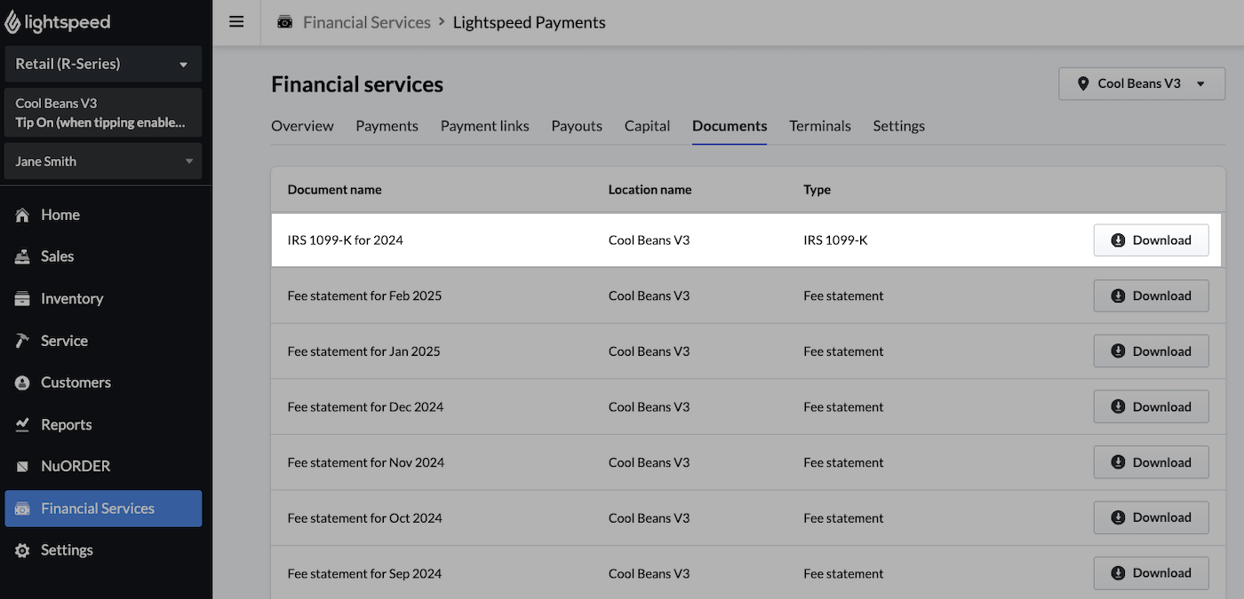 Documents tab in financial services with tax document and download button highlighted.