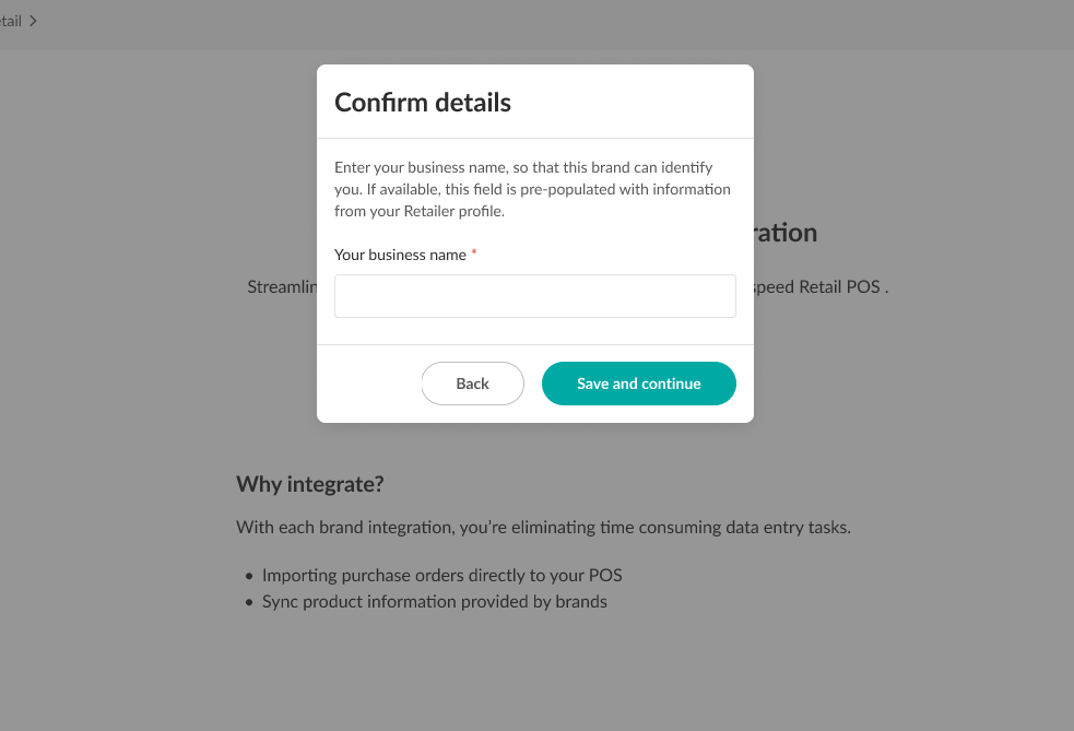 Confirmation des renseignements avant de connecter le compte avec NuORDER.