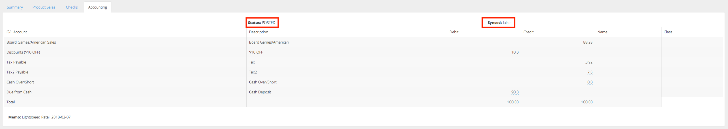 Rapport de comptabilité, l’état POSTED (reporté) et l’échec de la synchronisation sont mis en évidence.