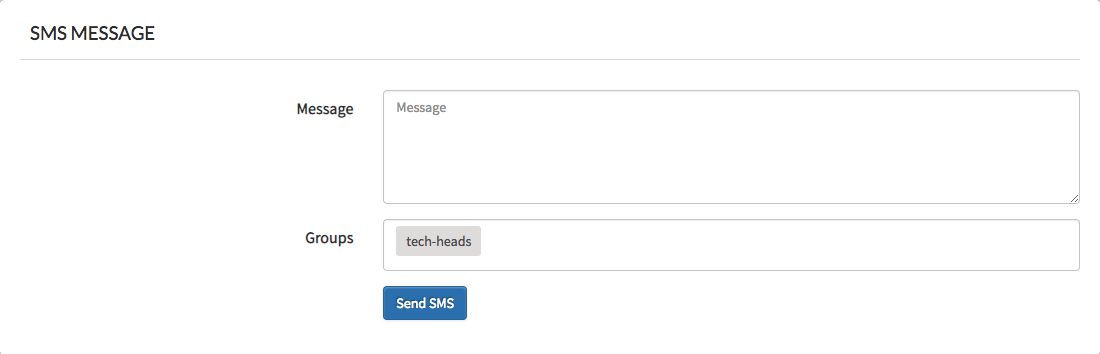 SMS Message window, asking for Message and Groups.