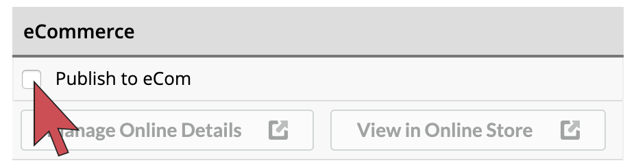Shows the Publish to eCom checkbox in the Retail POS item screen. An arrow hovers over the checkbox.