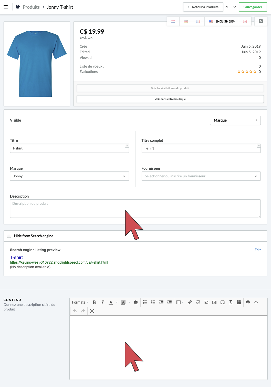 Image de la page des paramètres du produit. Deux flèches pointent vers les champs Description et Contenu.