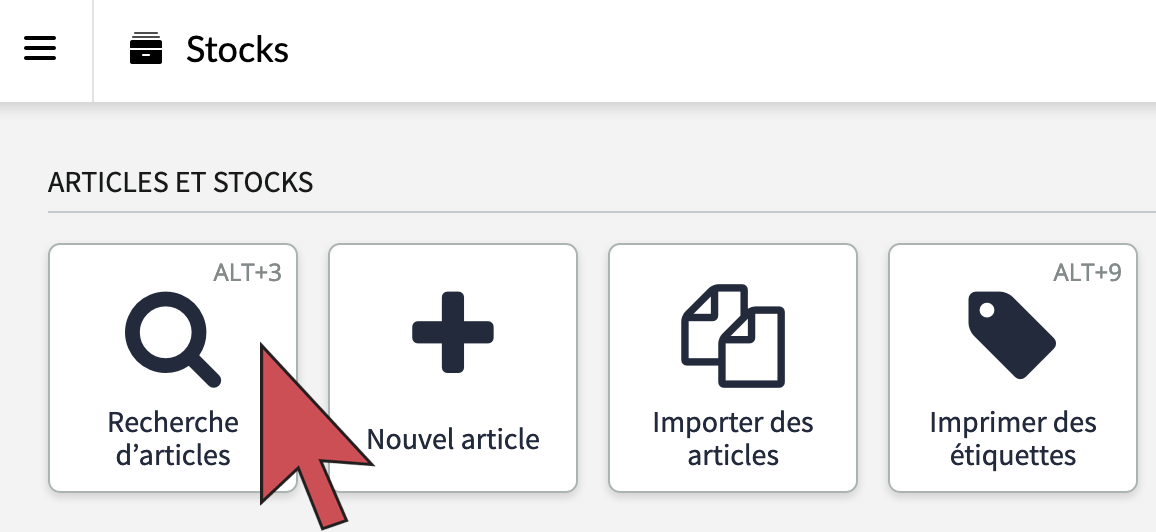 Une flèche pointant le bouton Recherche d’articles, le premier bouton dans le coin supérieur gauche de l’écran.