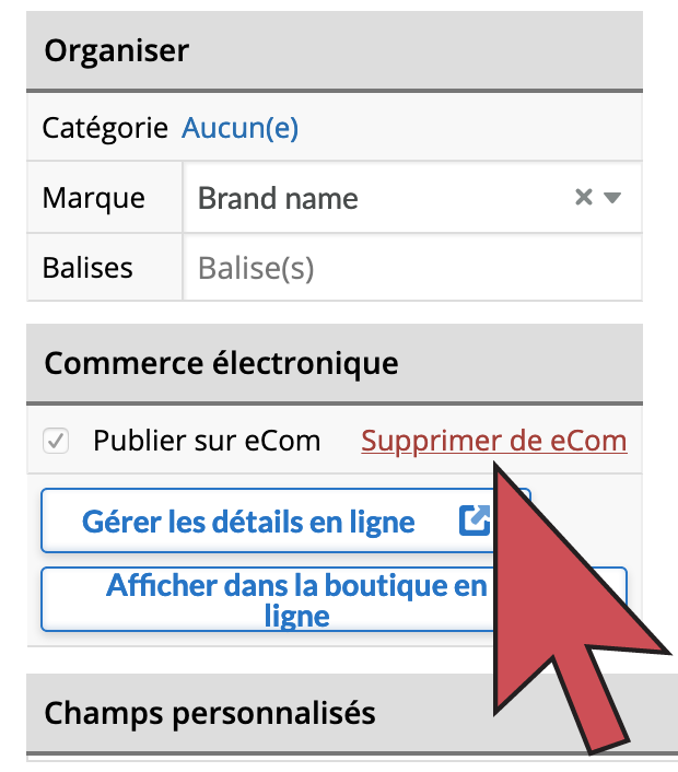 Une flèche pointant le bouton de suppression situé au bas de l’écran des détails de l’article.