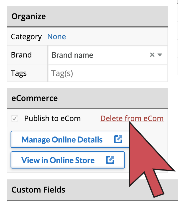 Shows an arrow pointing to the delete button, near the bottom of the item details screen.