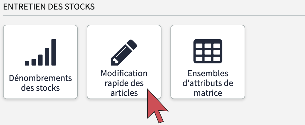 Une flèche pointant le bouton Modification rapide des articles.