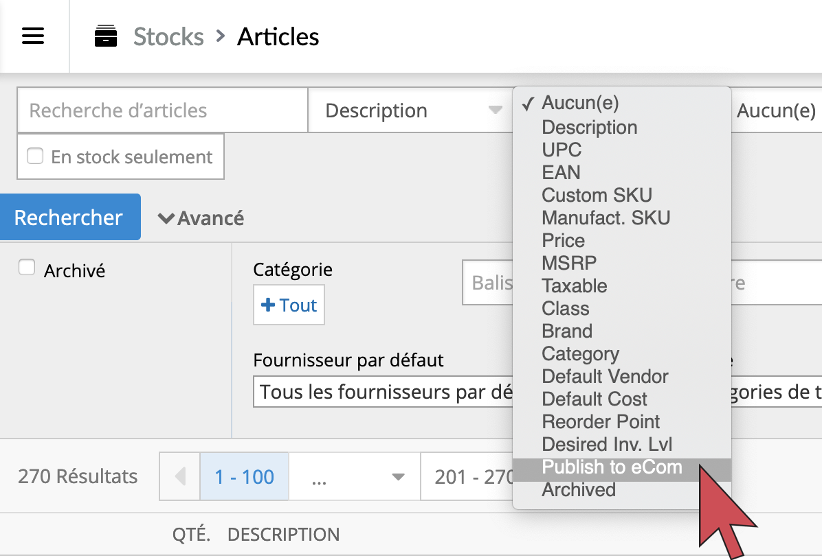 Une flèche pointant l’option Publish to eCom