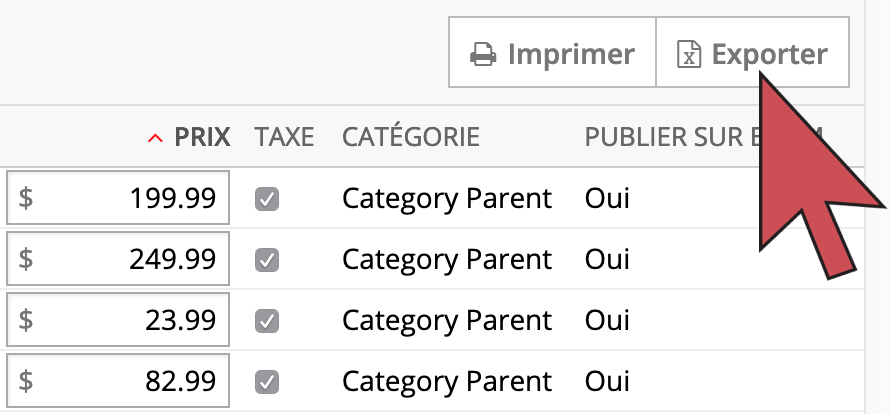 Une flèche pointant le bouton Exporter dans le coin supérieur droit de l’écran.