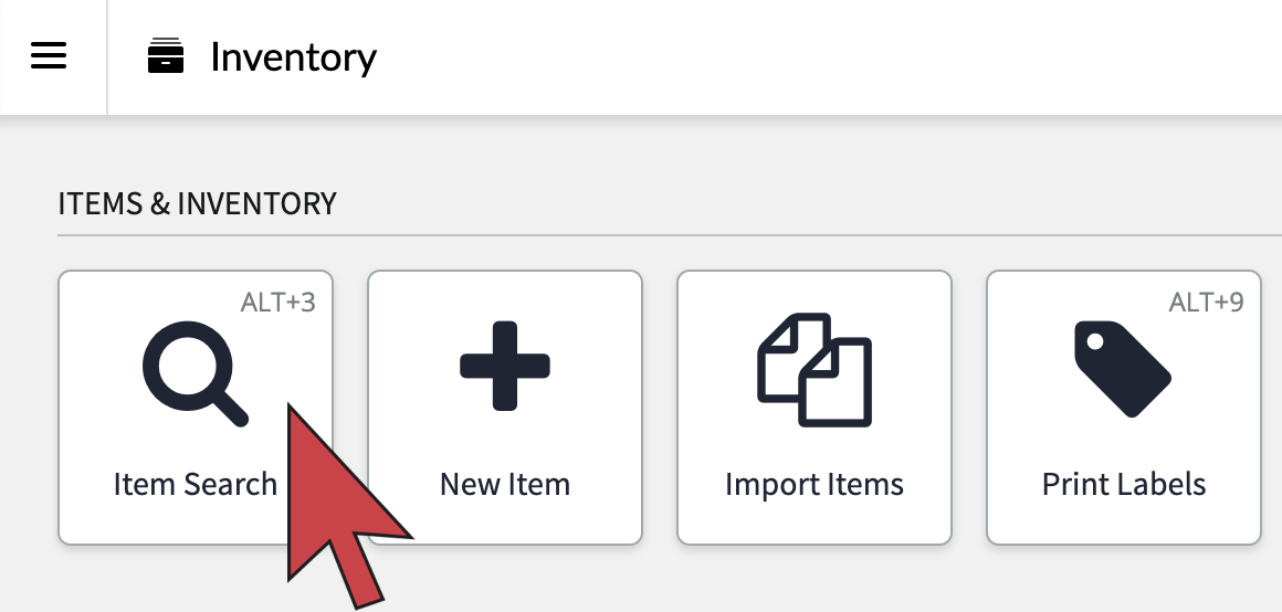Shows an arrow pointing to the Item search button. The first button in top-left hand side of the screen.