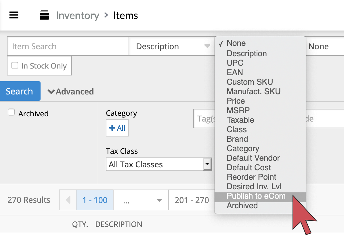 Shows an arrow pointing to the drop down menu option: Publish to eCom.