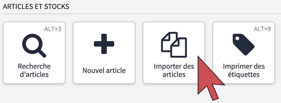 Une flèche pointant le bouton Importer des articles.