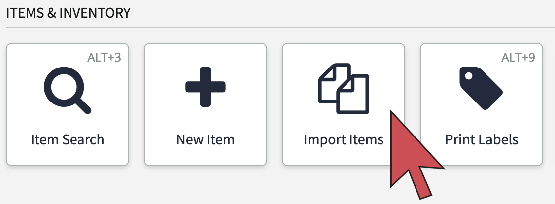 Shows an arrow pointing to the Import Items button.