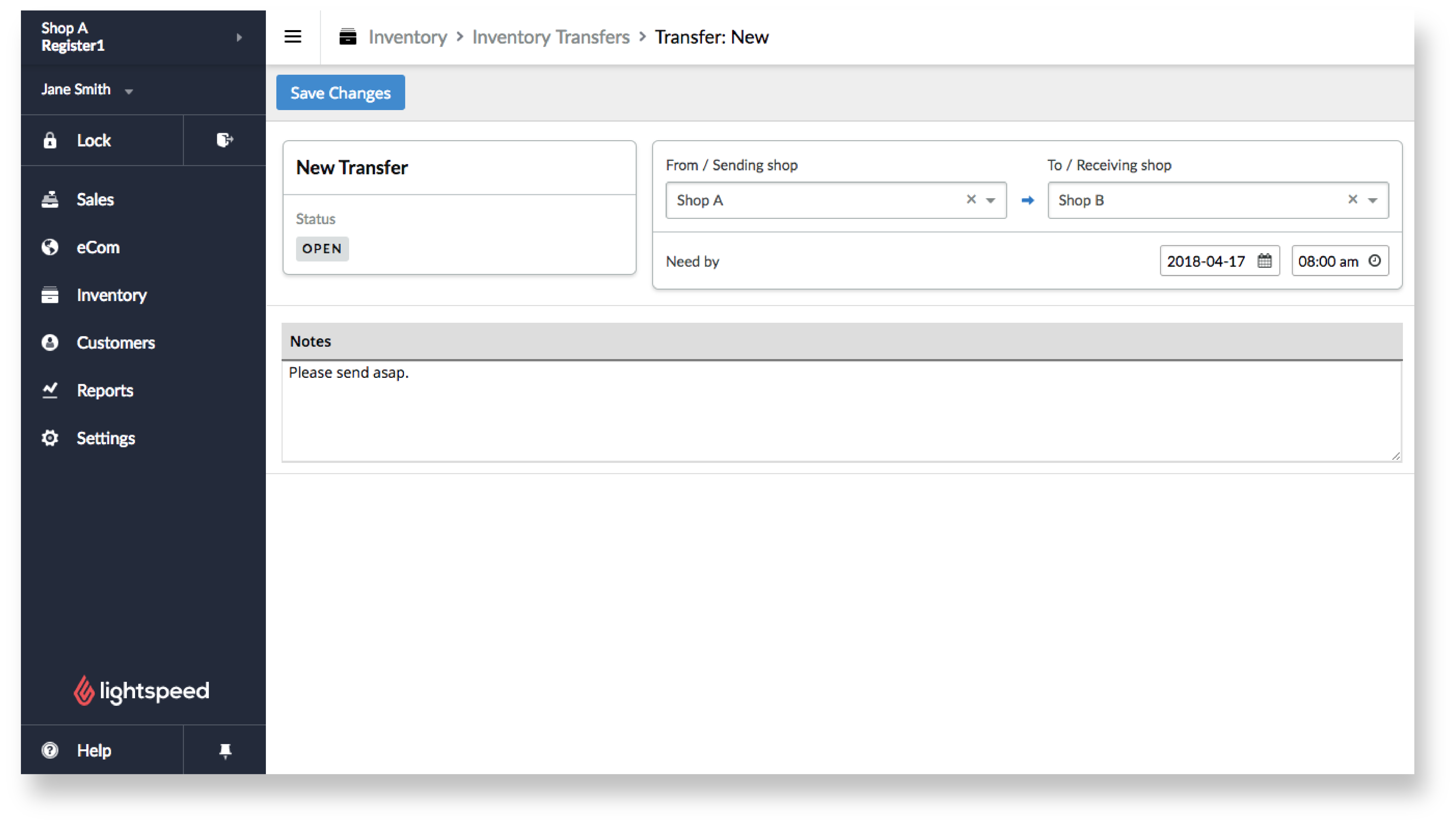 Create a new transfers page with the details of the transfer filled out.