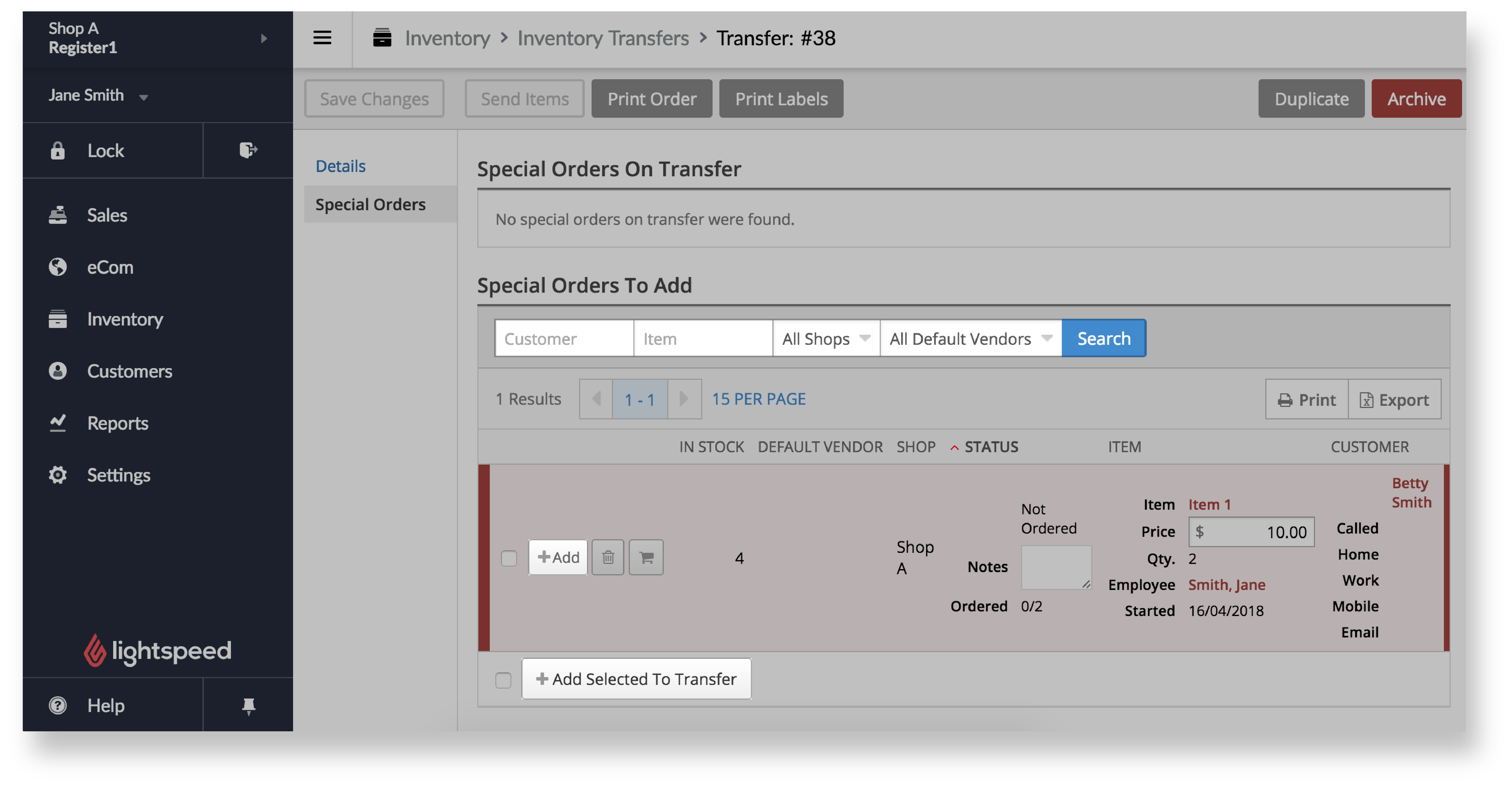 Special orders to transfer page with search area, add button, and add selected to transfer button highlighted.