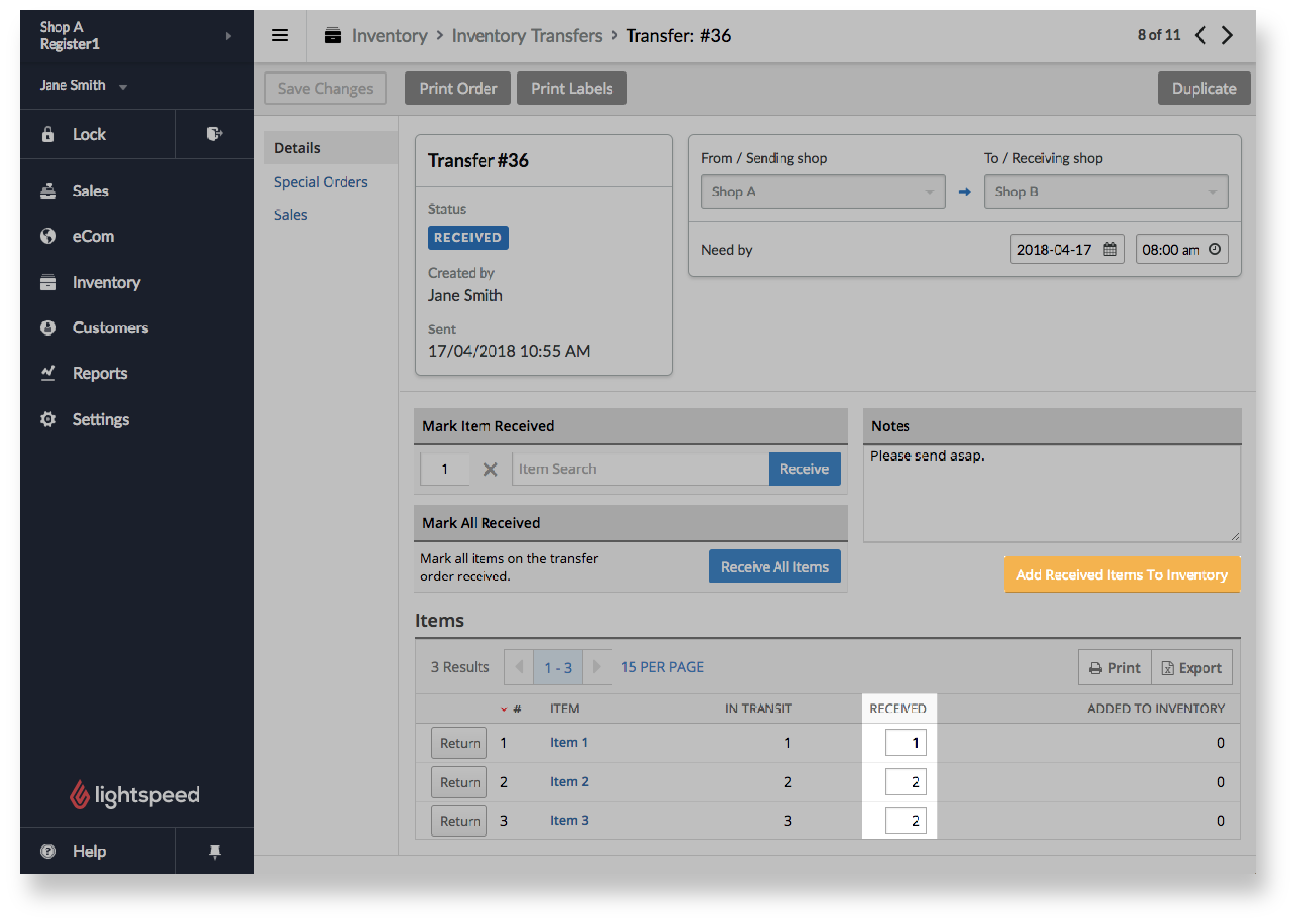 Transfer page with received boxes highlighted.