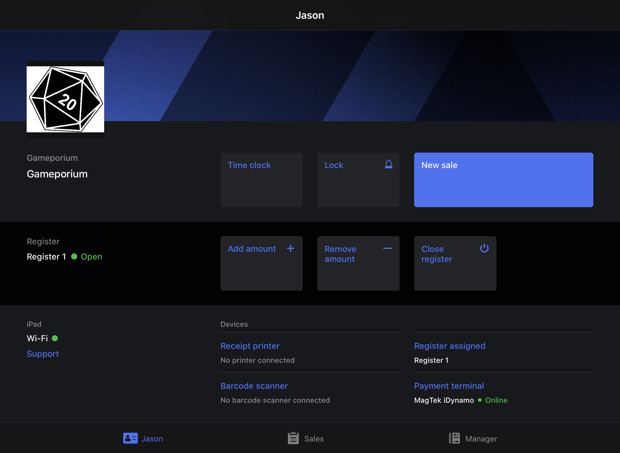 Profile screen with selected payment terminal listed under Payment terminal section.