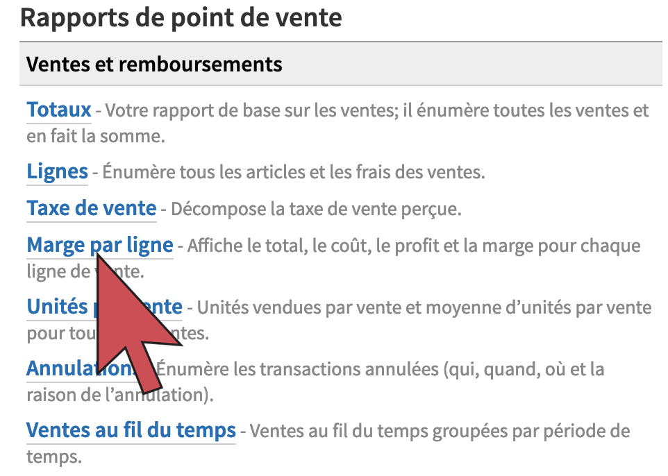 Une flèche qui survole le quatrième lien dans la liste de rapports.