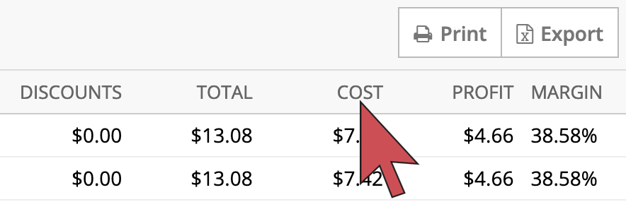 Shows an arrow hovering over the 'cost' column header, third column from the right.
