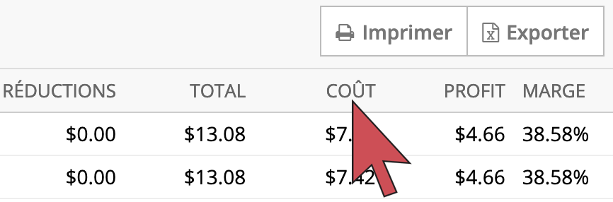 Une flèche qui survole le titre de la colonne Coût, qui est la troisième colonne à partir de la droite.
