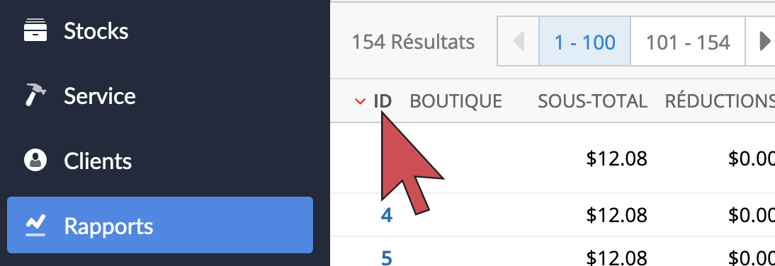 Une flèche qui survole le titre de la colonne ID.