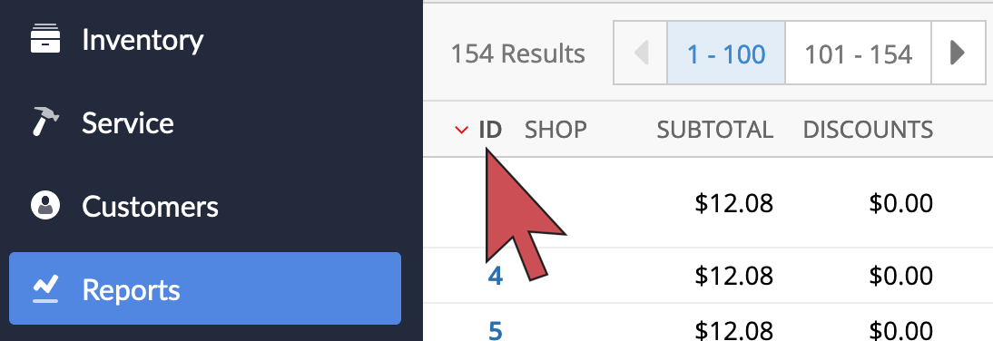 Shows an arrow hovering over the ID column header.