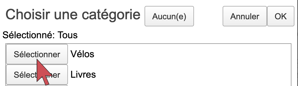 Une flèche qui survole le bouton Sélectionner, à gauche du nom de la catégorie.