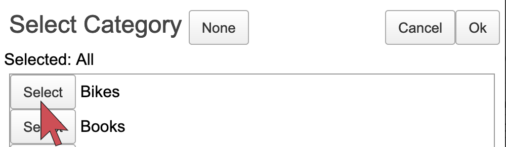The Select button highlighted on the left-hand side of a category name.