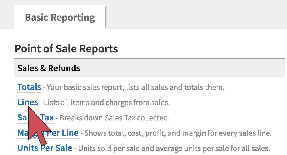 Shows an arrow hovering over the Lines report link, 2nd option from the top of the list of reports.