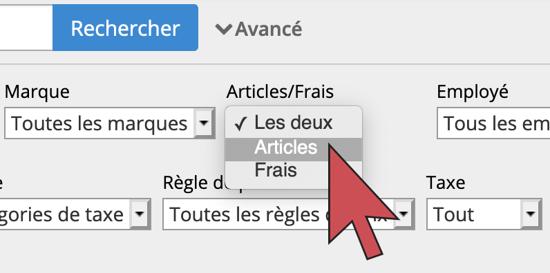 Une flèche qui survole l’option Articles dans le menu déroulant du filtre Articles/Frais.
