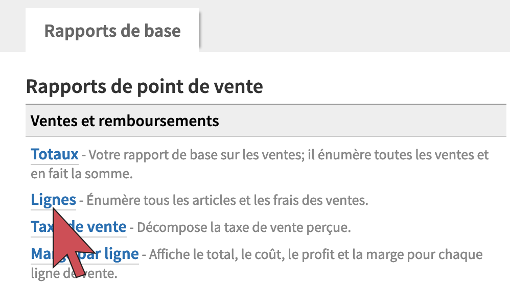 Une flèche qui survole le lien du rapport Lignes, la deuxième option à partir du haut de la liste de rapports.