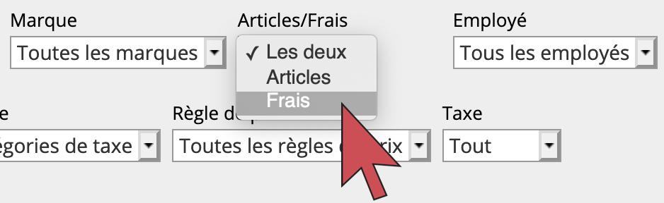 Une flèche qui survole l’option Frais dans le menu déroulant du filtre Articles/Frais.