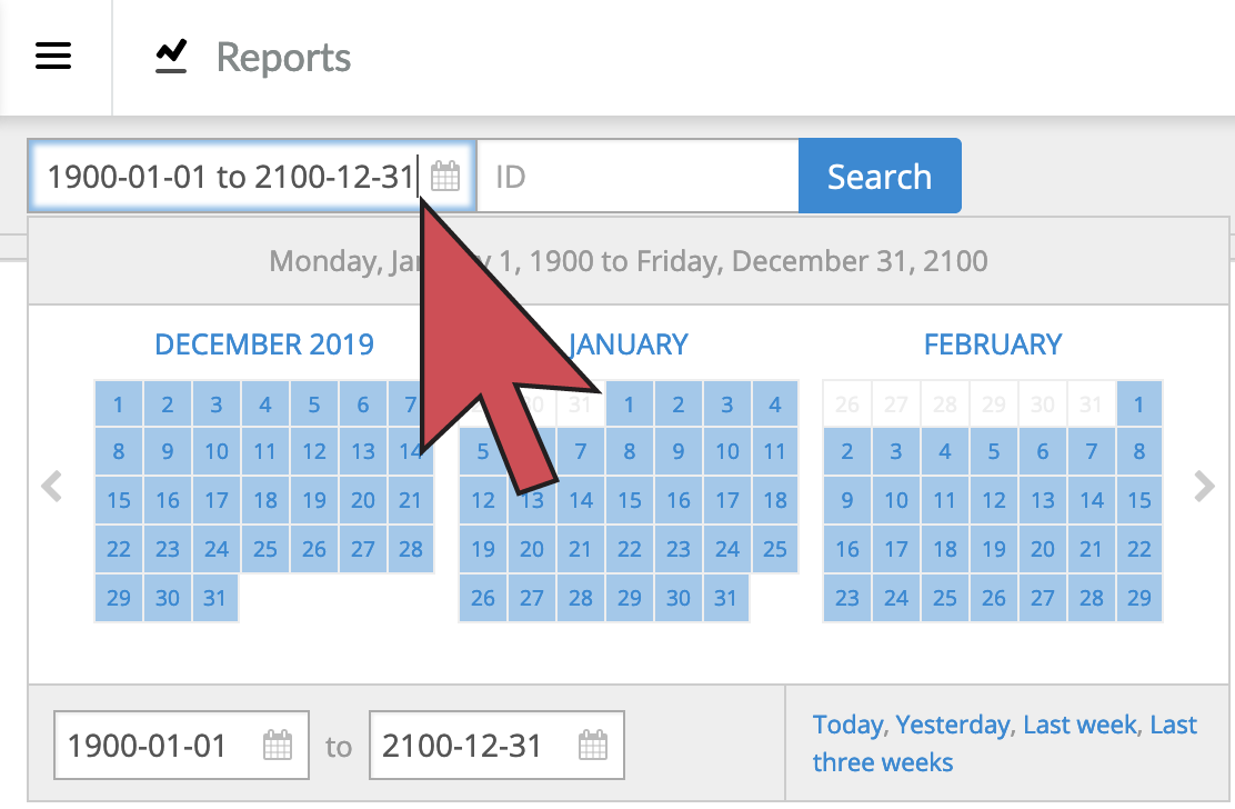 Shows an arrow hovering over the date range box, first field at the top of all reports.