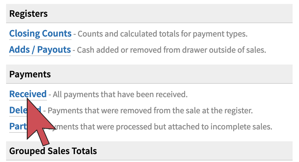 Shows an arrow hovering over the Received report link under the 'Payments' section on the left-hand side of the screen.