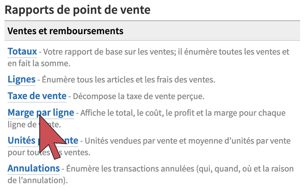 Une flèche qui survole le lien du rapport Unités par vente.