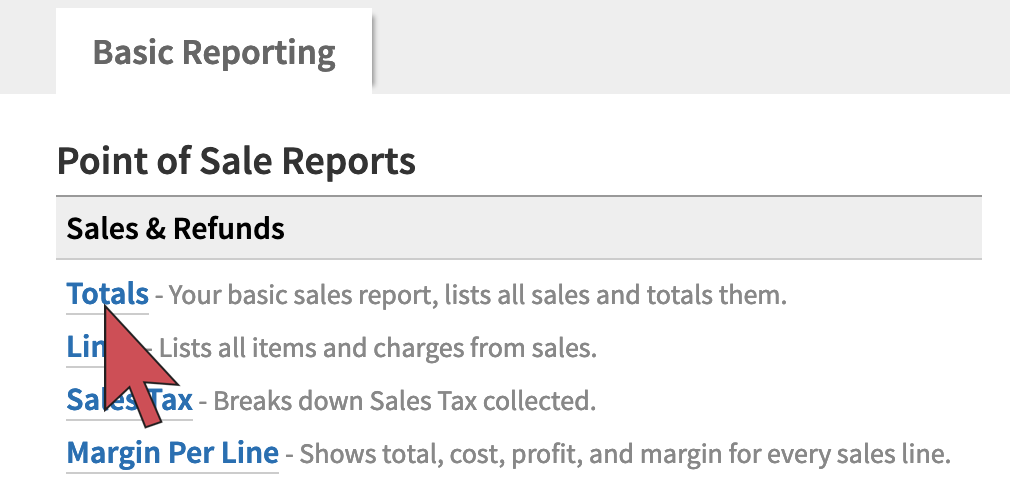 Shows an arrow hovering over the Totals report link, first report on the page.