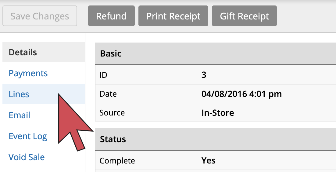 Lines link in the transaction information sidebar.