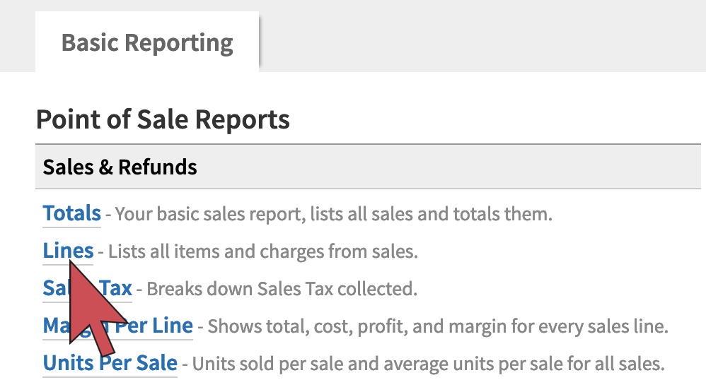 The Lines report link selected.