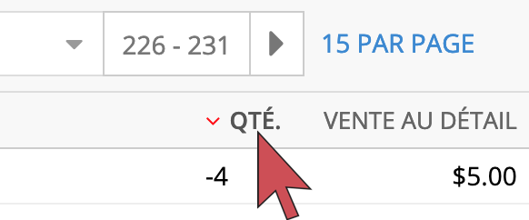 Une flèche qui survole le titre de la colonne des quantités.