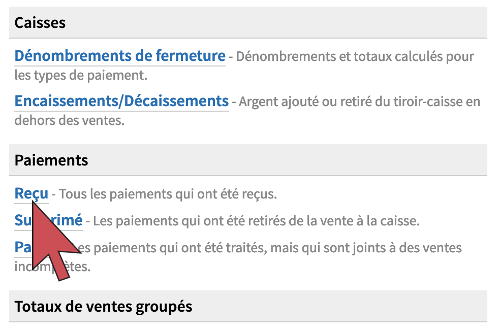 Une flèche qui survole le lien Reçu dans la section Paiements, située du côté gauche de l’écran.