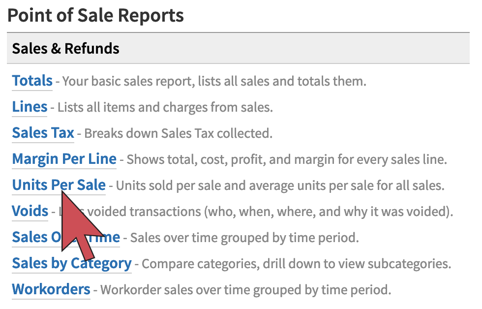 Shows an arrow hovering over the 'units per sale' report link.