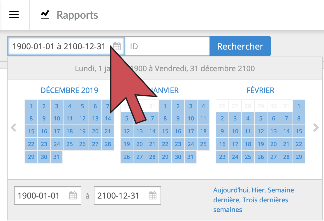 Une flèche qui survole le champ de sélection de dates, qu’on retrouve dans le haut de chaque rapport.