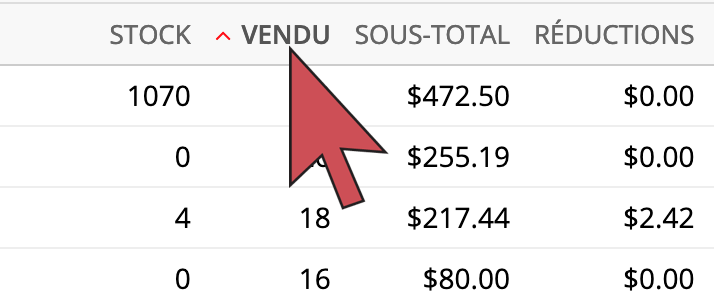 Une flèche qui survole le titre de la colonne Vendu.