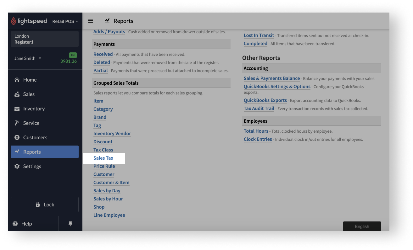 Reports page highlighting Sales Tax.