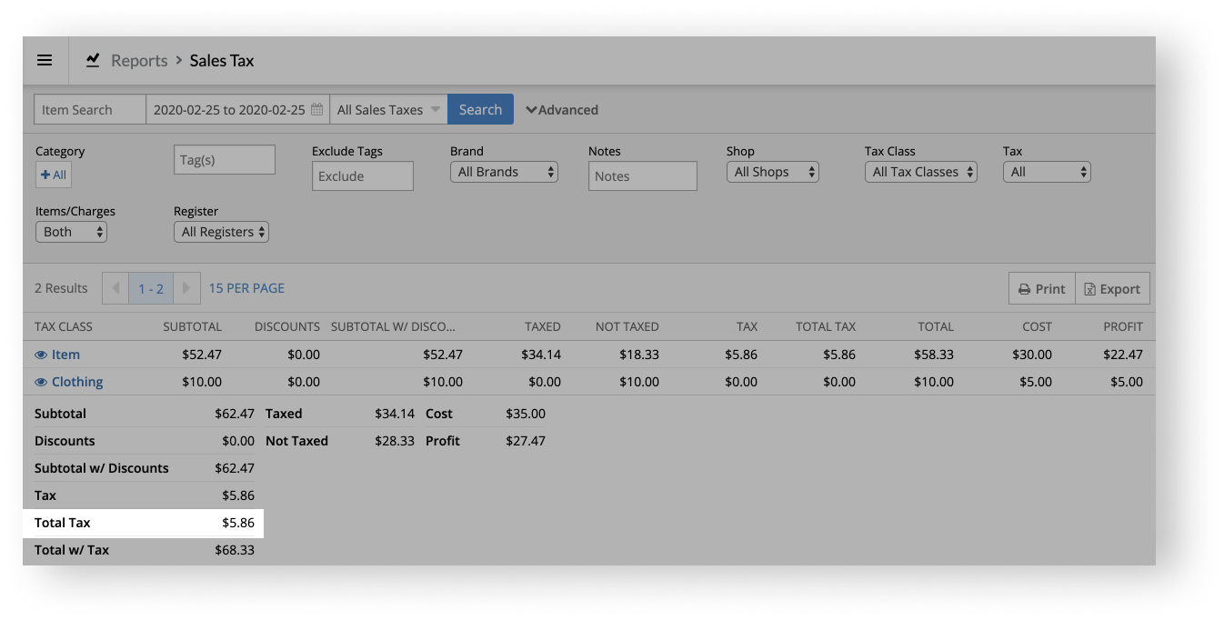 Sales Tax report with Total Tax value highlighted.