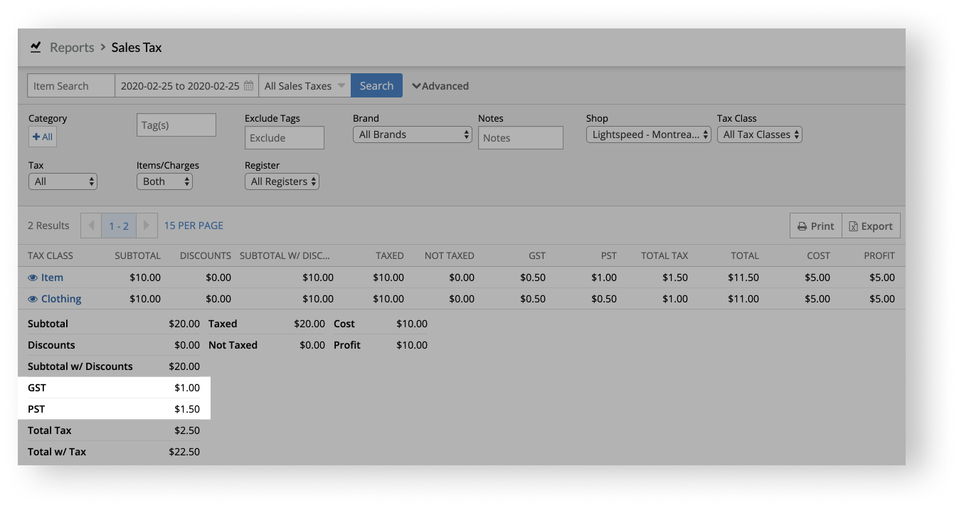 Sales Tax report with dual tax values highlighted.